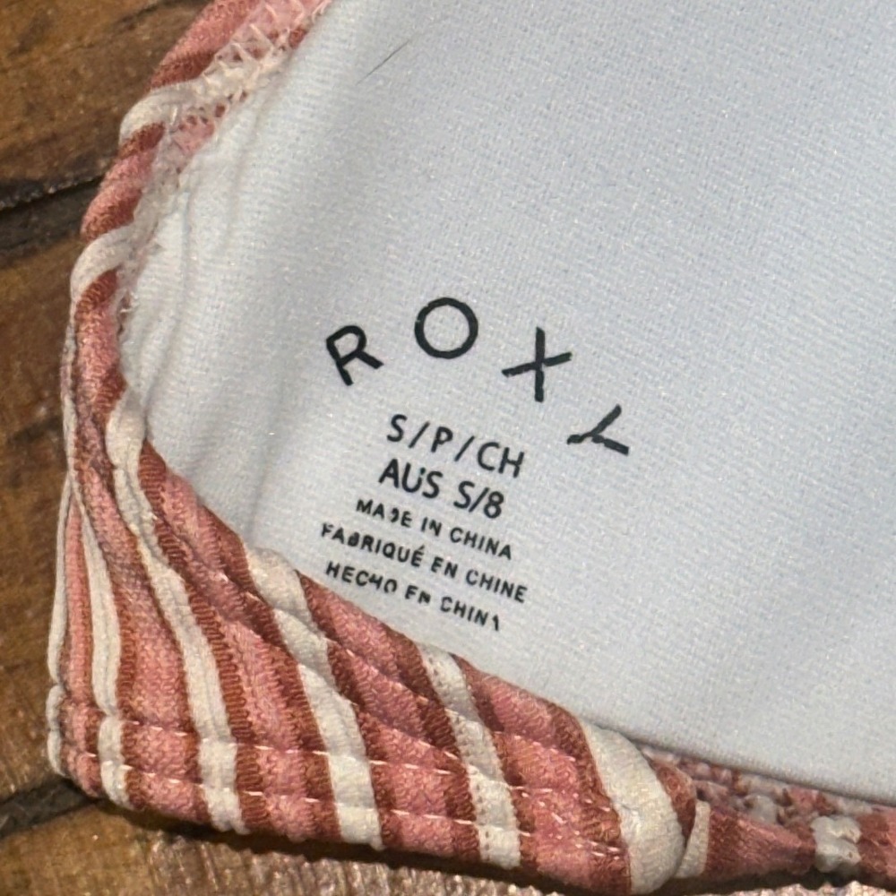 Roxy Womens Small Striped Ribbed Halter Bikini Top Terracotta Cream Swimwear - Picture 4 of 4